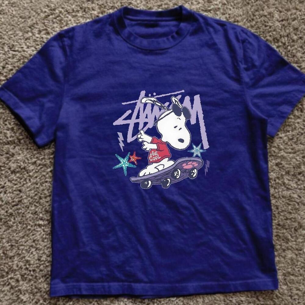 Gildan Men Navy T-Shirt, StSsy X Peanuts Purple Snoopy Tee